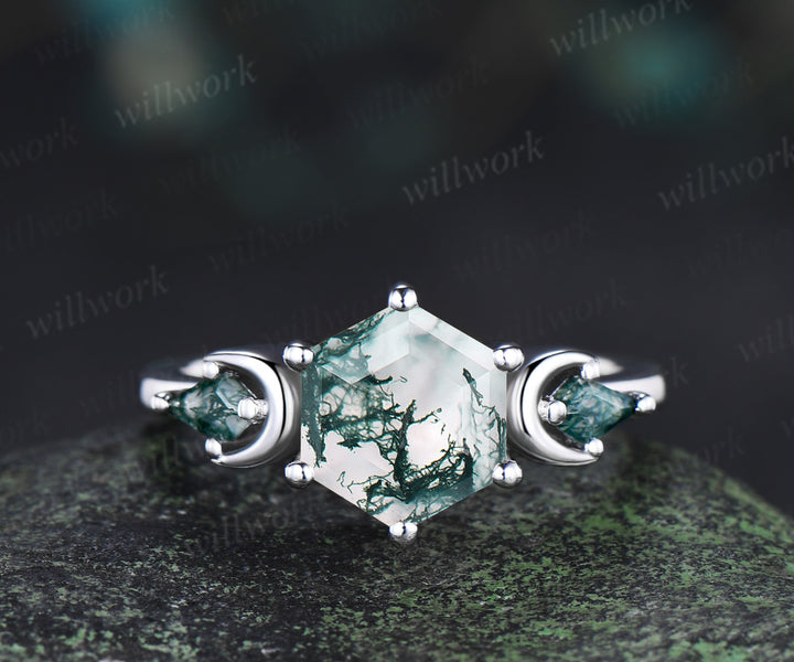 Hexagon cut moss agate engagement ring set three-stone art deco kite moss agate ring opal open gap wedding band