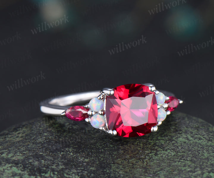 Cushion cut red ruby engagement ring 14k white gold 4 prongs seven stone ring opal marquise ruby bridal ring July birthstone jewelry gifts
