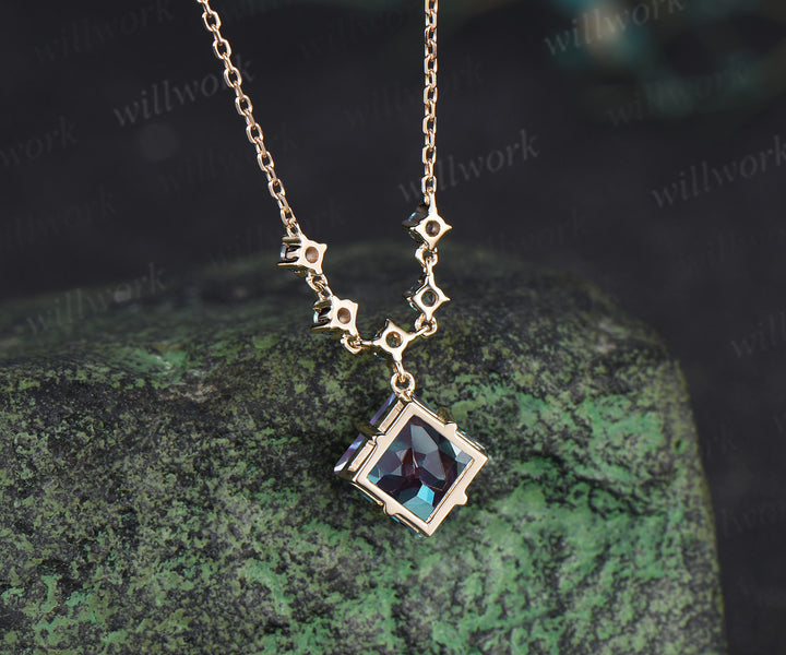 Princess cut alexandrite necklace unique color change gemstone pendant June birthstone gifts for women