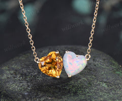 Heart Cut Citrine & Opal Toi Et Moi Necklace Minimalist Two Stones Pendant Gifts for Women