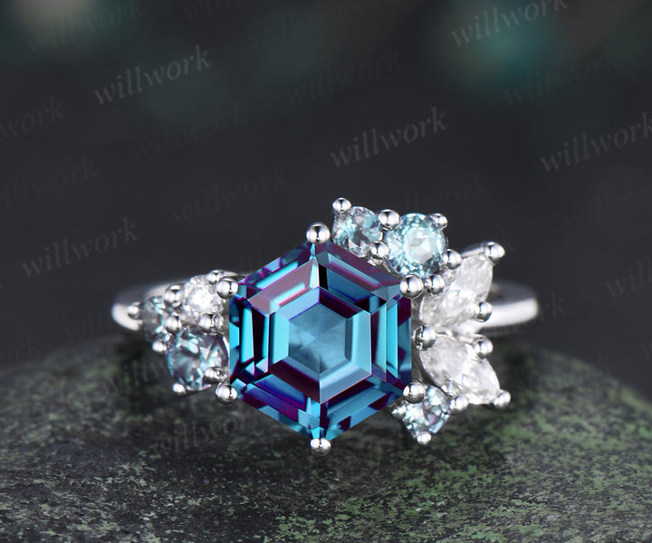 Unique hexagon cut alexandrite ring moissanite alexandrite cluster engagement ring color change gemstone jewelry gifts
