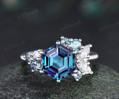Unique hexagon cut alexandrite ring moissanite alexandrite cluster engagement ring color change gemstone jewelry gifts