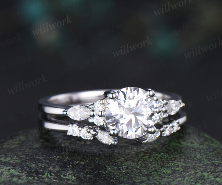 Round cut IGI Lab grown diamond engagement ring set solid 14k 18k white gold seven stone ring open gap wedding band timeless bridal set