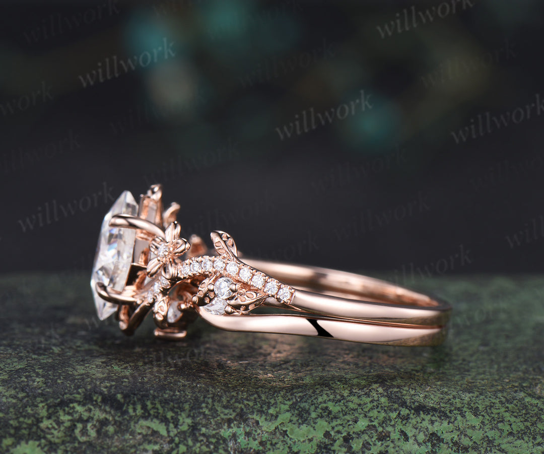 Nature inspired princess cut lab grown diamond engagement ring leaf twig floral ring diamond matching wedding band bridal set