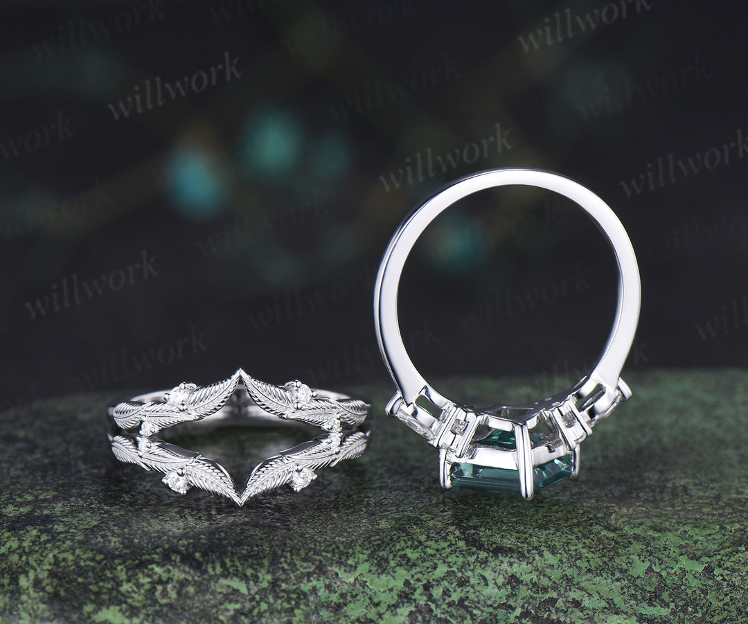 Princess cut green sapphire engagement ring set elegant bridal set moissanite accent leaf matching band