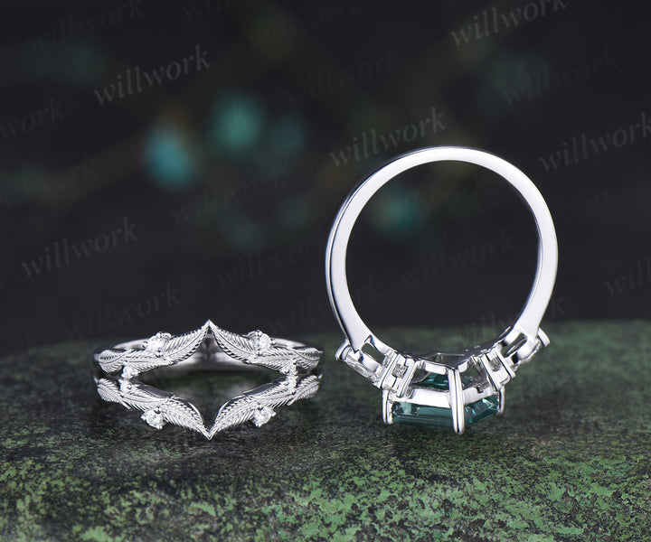 Princess cut green sapphire engagement ring set elegant bridal set moissanite accent leaf matching band