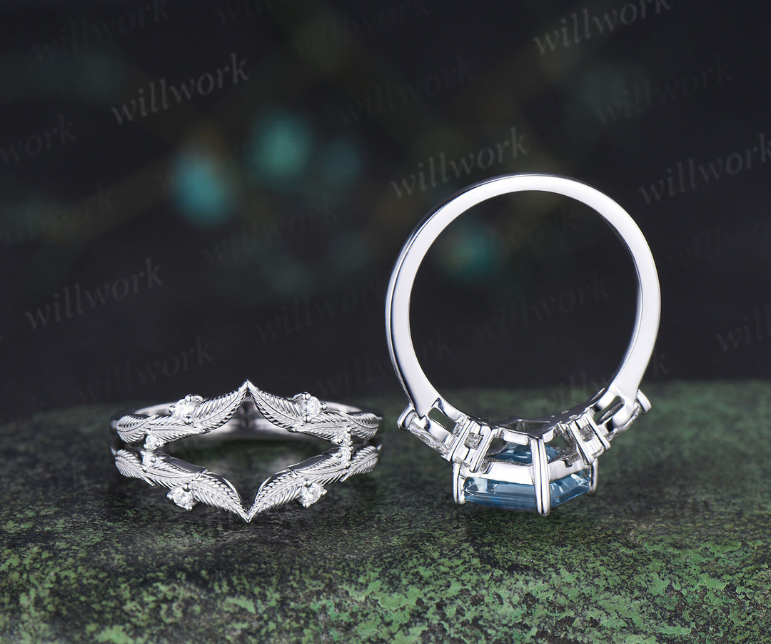 Princess cut natural aquamarine engagement ring set moissanite accent leaf matching band unique bridal set