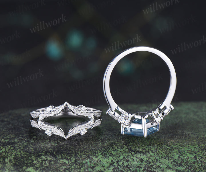 Princess cut natural aquamarine engagement ring set moissanite accent leaf matching band unique bridal set