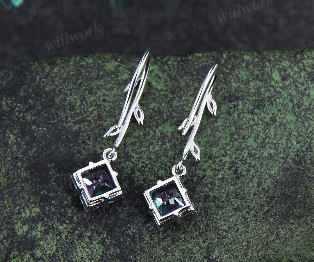 Princess alexandrite earrings marquise alexandrite accent leaf vine inspired hook drop earring