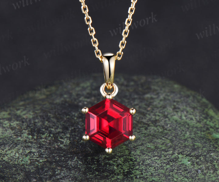 Unique hexagon ruby necklace minimalism red ruby pendant necklace July birthstone gifts for her