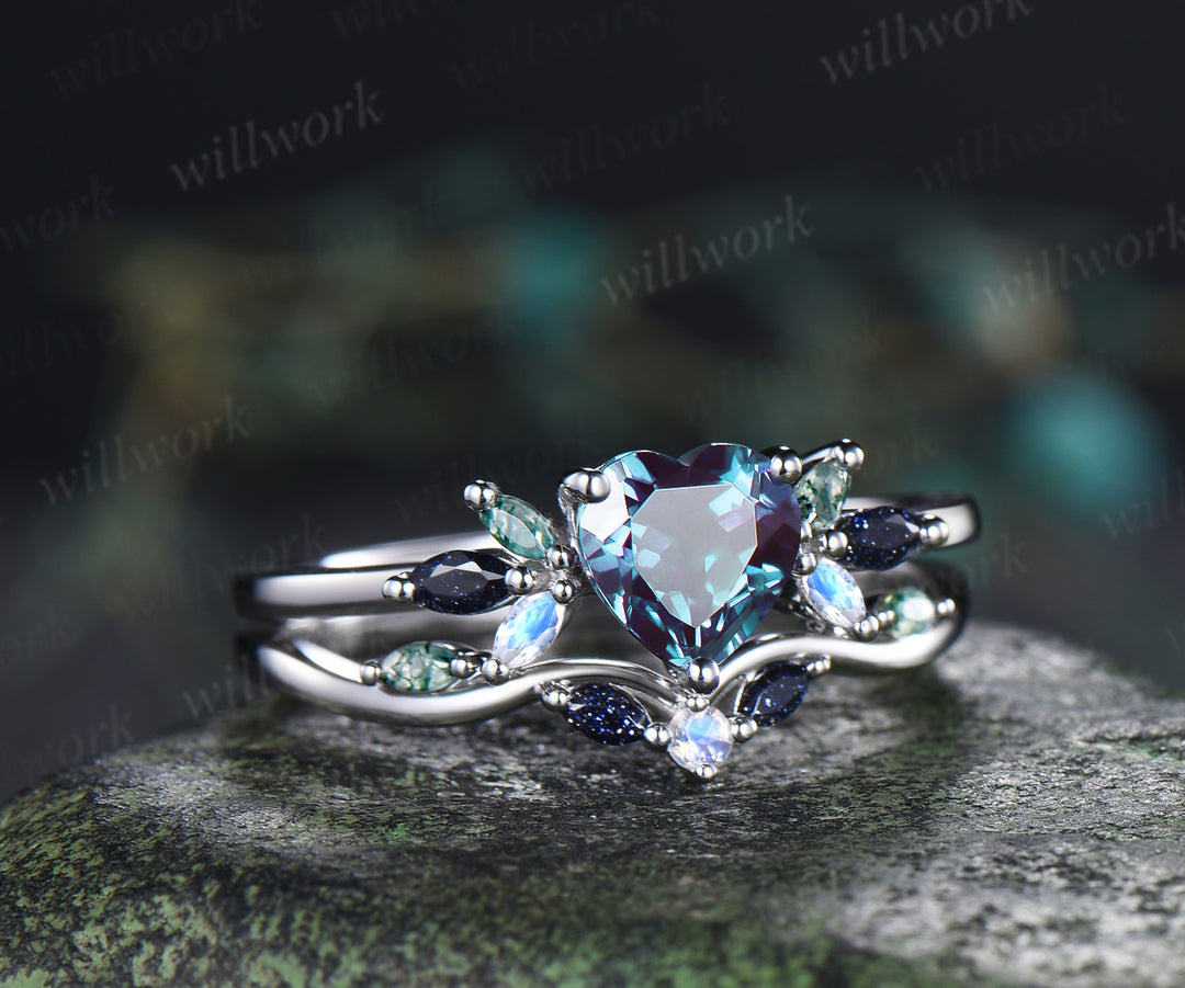 Heart shaped alexandrite ring set vintage blue sandstone moss agate moonstone cluster ring curved matching band bridal set