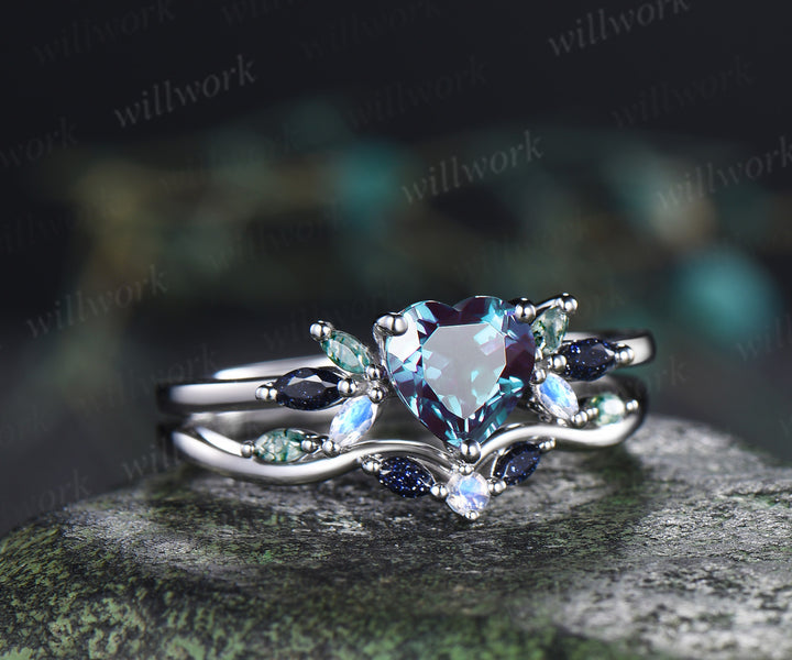 Heart shaped alexandrite ring set vintage blue sandstone moss agate moonstone cluster ring curved matching band bridal set