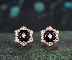 Round Black Onyx Floral Halo Stud Earrings Art Deco Diamond Halo Earrings with Rhombus Inset Unique Flower Earrings