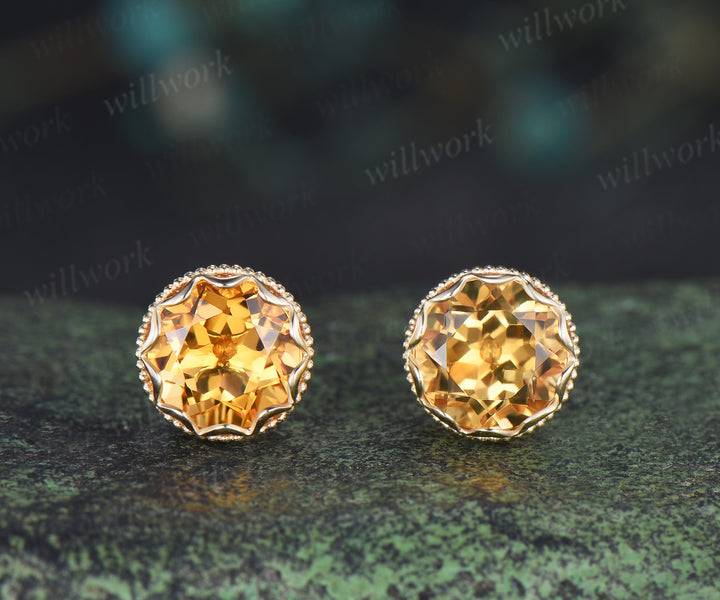 Vintage round citrine stud earrings bezel milgrain elegant earrings November jewelry gifts