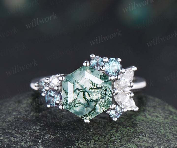 Hexagon cut natural moss agate engagement ring cluster alexandrite marquise moissanite promise wedding ring