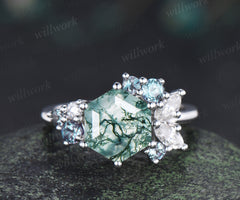 Hexagon cut natural moss agate engagement ring cluster alexandrite marquise moissanite promise wedding ring