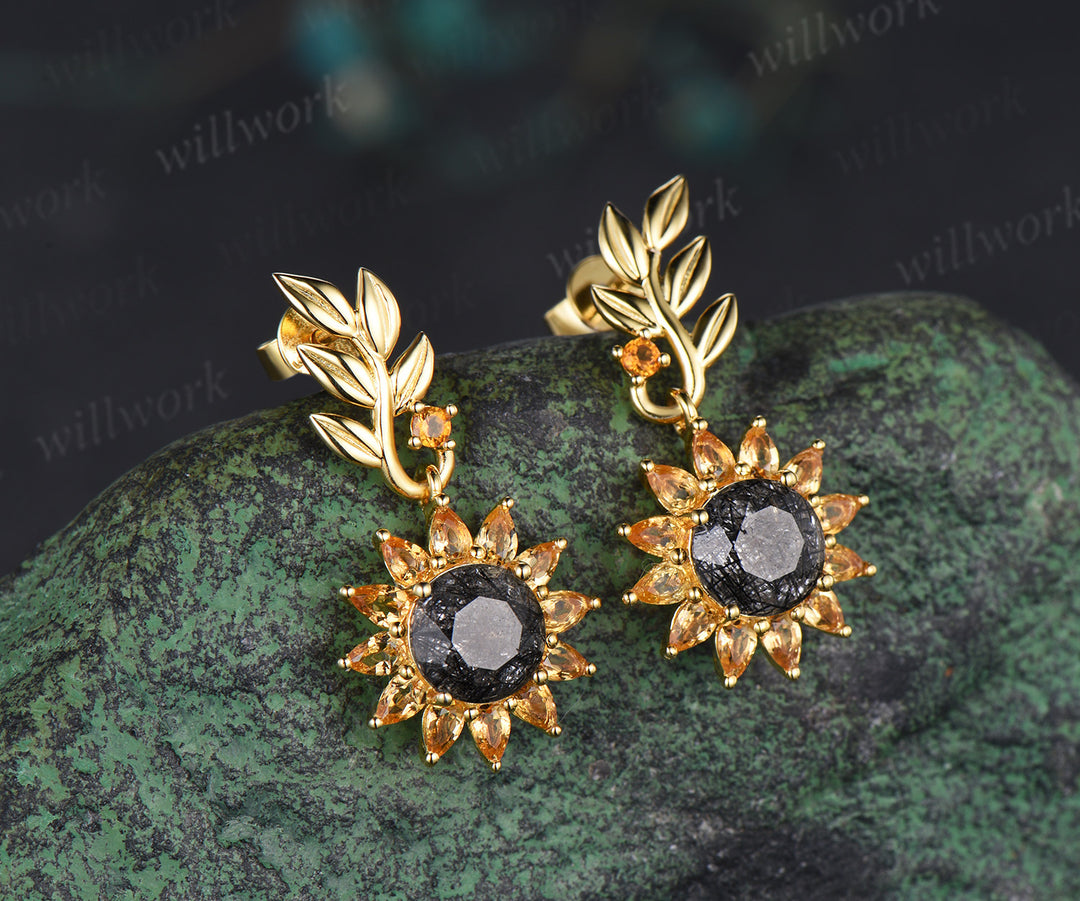 Round cut black rutilated quartz pear yellow citrine earrings unique leaf sunflower drop earrings nature inspired jewelry gifts