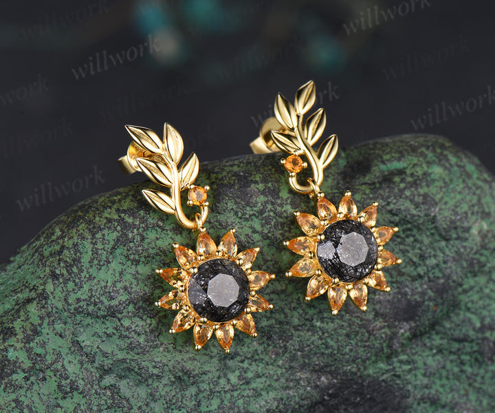 Round cut black rutilated quartz pear yellow citrine earrings unique leaf sunflower drop earrings nature inspired jewelry gifts