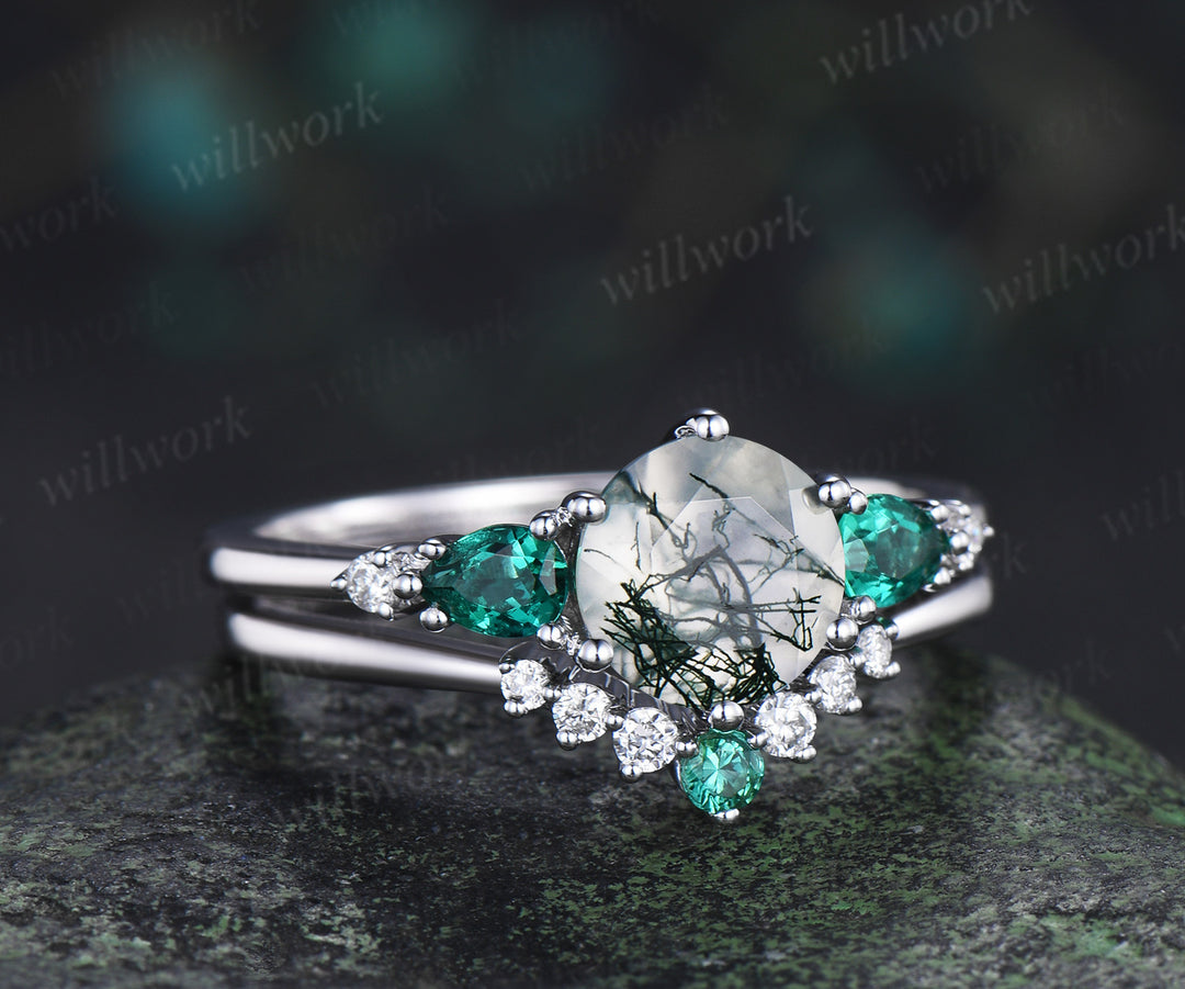 Unique round moss agate engagement ring set five stone pear emeralds moissanite accent ring curved matching band