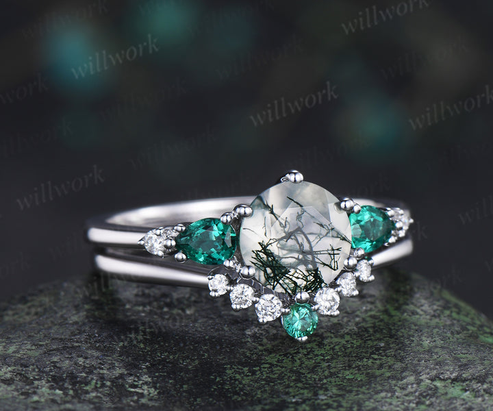 Unique round moss agate engagement ring set five stone pear emeralds moissanite accent ring curved matching band