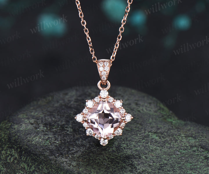 Vintage cushion cut morganite necklace unique diamond halo pendant necklace jewelry gifts