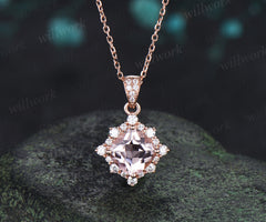 Vintage cushion cut morganite necklace unique diamond halo pendant necklace jewelry gifts