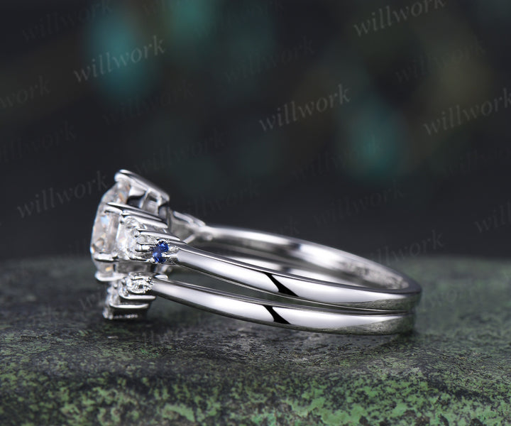 Round Cut Lab Grown Diamond Ring Set Five Stone Sapphire Accents Promise Ring Wedding Bridal Set