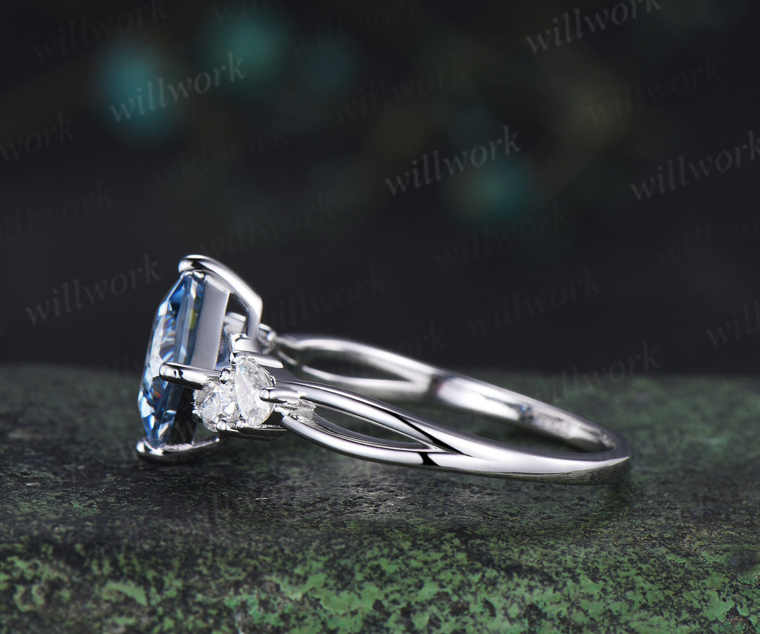 Princess cut blue moissanite engagement ring pear moissanite cluster split shank ring gifts for women