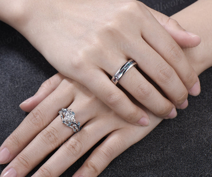 Heart Lab Grown Diamond Leaf Bridal Ring Set & Baguette Alexandrite Half Eternity Men Wedding Ring Nature Inspired Couple Ring Set