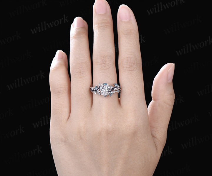 Heart Lab Grown Diamond Leaf Bridal Ring Set & Baguette Alexandrite Half Eternity Men Wedding Ring Nature Inspired Couple Ring Set