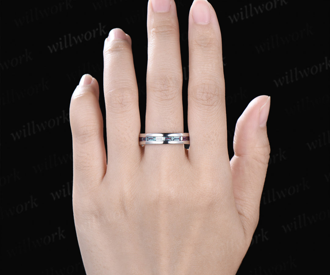 Heart Lab Grown Diamond Leaf Bridal Ring Set & Baguette Alexandrite Half Eternity Men Wedding Ring Nature Inspired Couple Ring Set