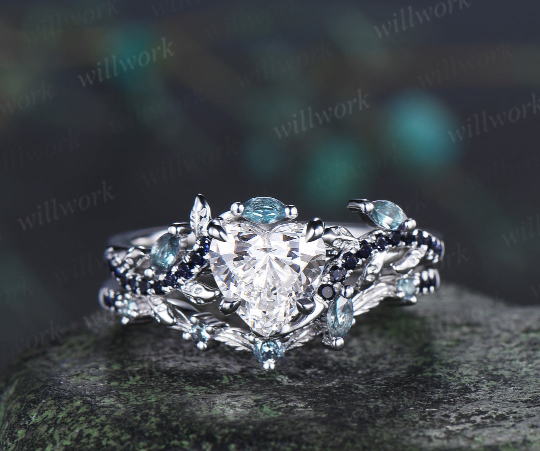Heart Lab Grown Diamond Leaf Bridal Ring Set & Baguette Alexandrite Half Eternity Men Wedding Ring Nature Inspired Couple Ring Set
