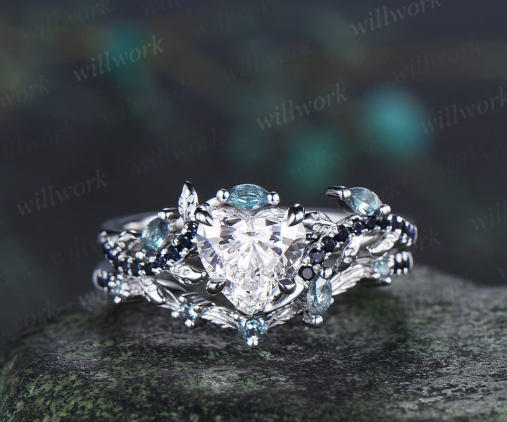 Heart Lab Grown Diamond Leaf Bridal Ring Set & Baguette Alexandrite Half Eternity Men Wedding Ring Nature Inspired Couple Ring Set