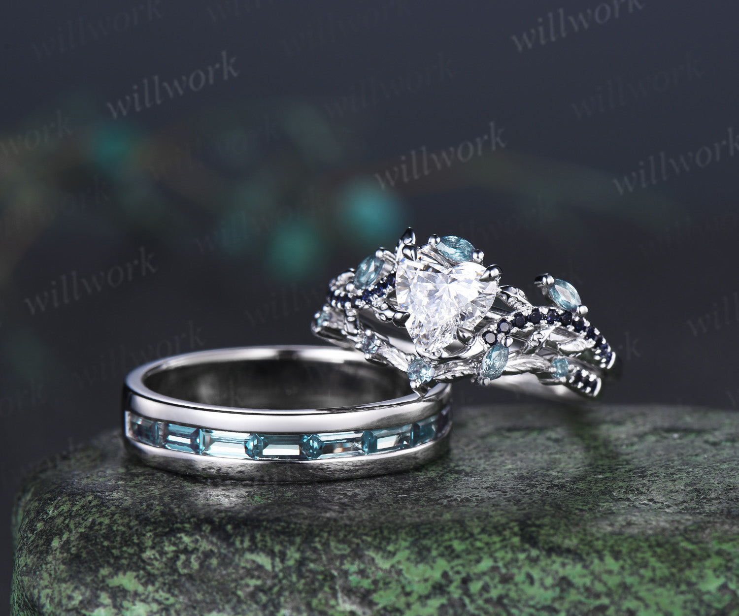 Heart Lab Grown Diamond Leaf Bridal Ring Set & Baguette