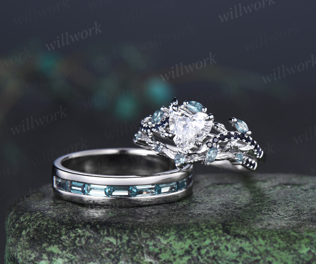 Heart Lab Grown Diamond Leaf Bridal Ring Set & Baguette Alexandrite Half Eternity Men Wedding Ring Nature Inspired Couple Ring Set