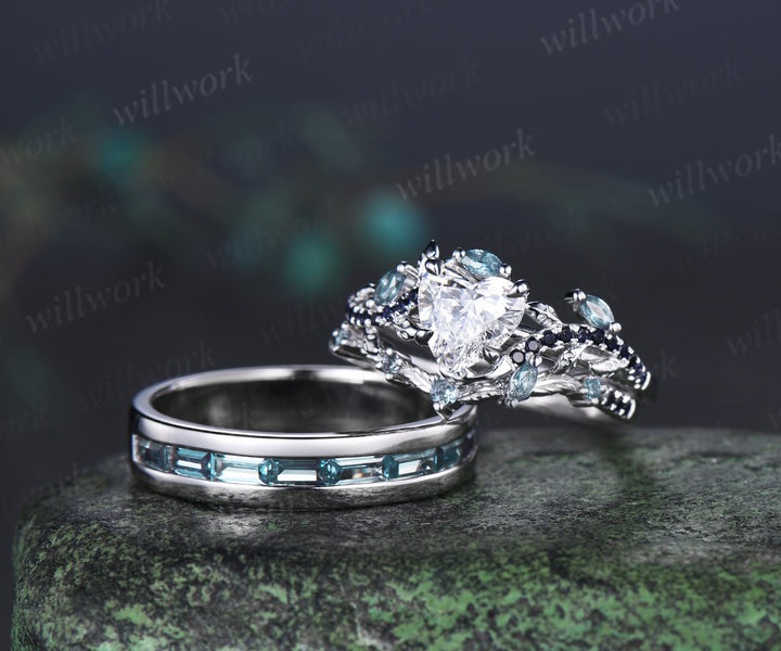 Heart Lab Grown Diamond Leaf Bridal Ring Set & Baguette Alexandrite Half Eternity Men Wedding Ring Nature Inspired Couple Ring Set