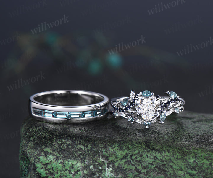 Heart Lab Grown Diamond Leaf Bridal Ring Set & Baguette Alexandrite Half Eternity Men Wedding Ring Nature Inspired Couple Ring Set