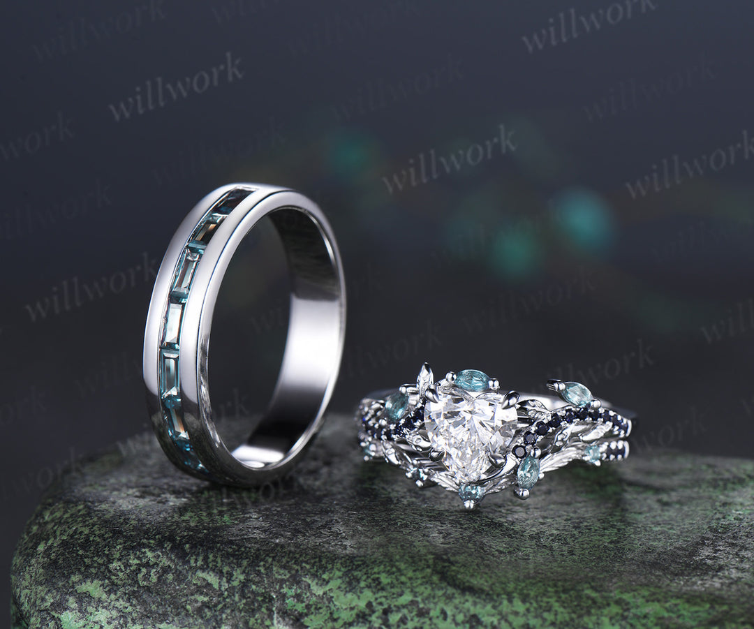 Heart Lab Grown Diamond Leaf Bridal Ring Set & Baguette Alexandrite Half Eternity Men Wedding Ring Nature Inspired Couple Ring Set