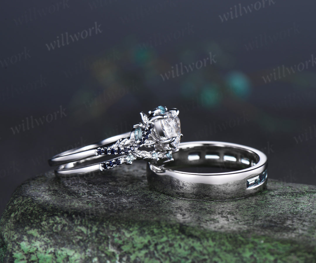 Heart Lab Grown Diamond Leaf Bridal Ring Set & Baguette Alexandrite Half Eternity Men Wedding Ring Nature Inspired Couple Ring Set