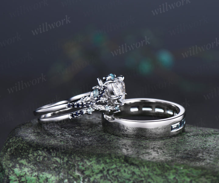 Heart Lab Grown Diamond Leaf Bridal Ring Set & Baguette Alexandrite Half Eternity Men Wedding Ring Nature Inspired Couple Ring Set