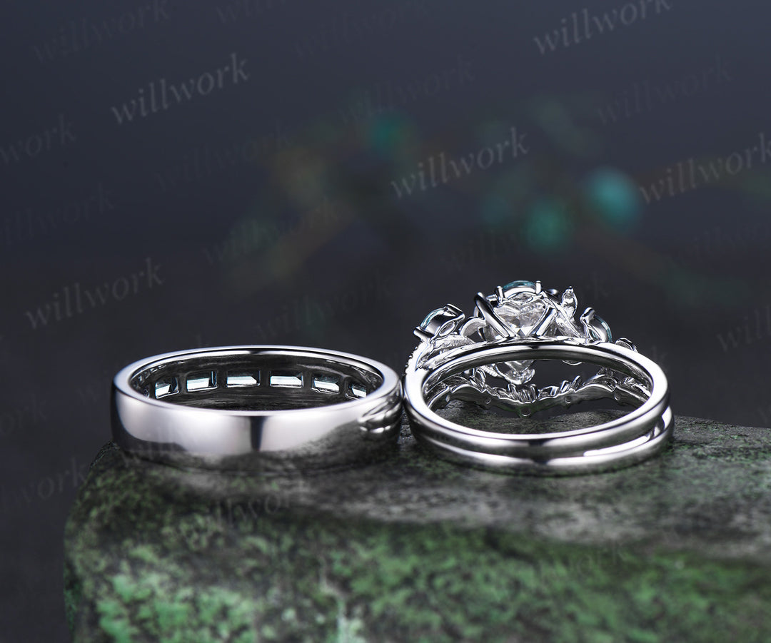 Heart Lab Grown Diamond Leaf Bridal Ring Set & Baguette Alexandrite Half Eternity Men Wedding Ring Nature Inspired Couple Ring Set