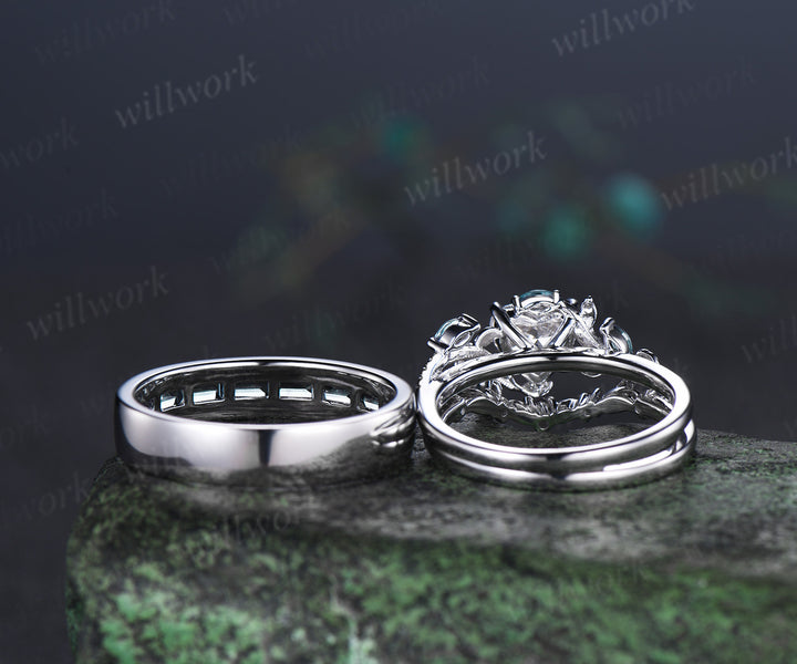 Heart Lab Grown Diamond Leaf Bridal Ring Set & Baguette Alexandrite Half Eternity Men Wedding Ring Nature Inspired Couple Ring Set
