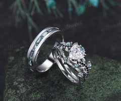 Heart Lab Grown Diamond Leaf Bridal Ring Set & Baguette Alexandrite Half Eternity Men Wedding Ring Nature Inspired Couple Ring Set