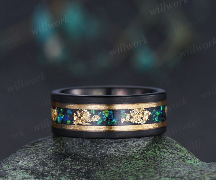 Vintage Princess Cut Alexandrite Twig Leaf Ring Set& Tungsten Black Opals Gold Flakes Men’s Band Couple Ring Set
