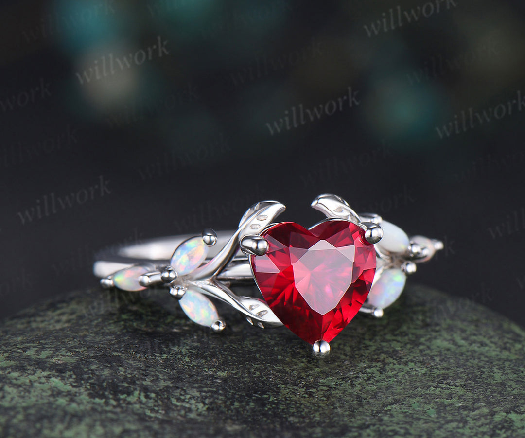 Enchanting heart shape ruby engagement ring leaf split shank cluster opal ring 14k white gold antique promise wedding ring for women