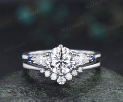 Round Cut Lab Grown Diamond Ring Set Five Stone Sapphire Accents Promise Ring Wedding Bridal Set