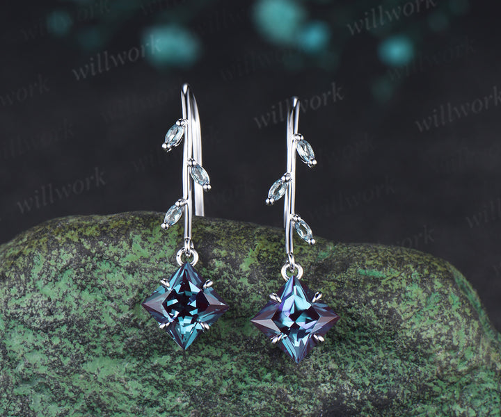 Princess alexandrite earrings marquise alexandrite accent leaf vine inspired hook drop earring