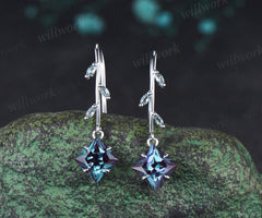 Princess alexandrite earrings marquise alexandrite accent leaf vine inspired hook drop earring