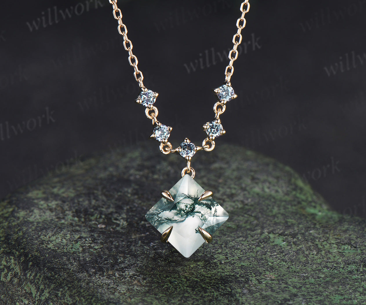 Princess cut moss agate necklace with alexandrite accents unique