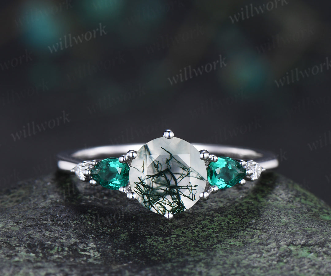 Unique round moss agate engagement ring set five stone pear emeralds moissanite accent ring curved matching band